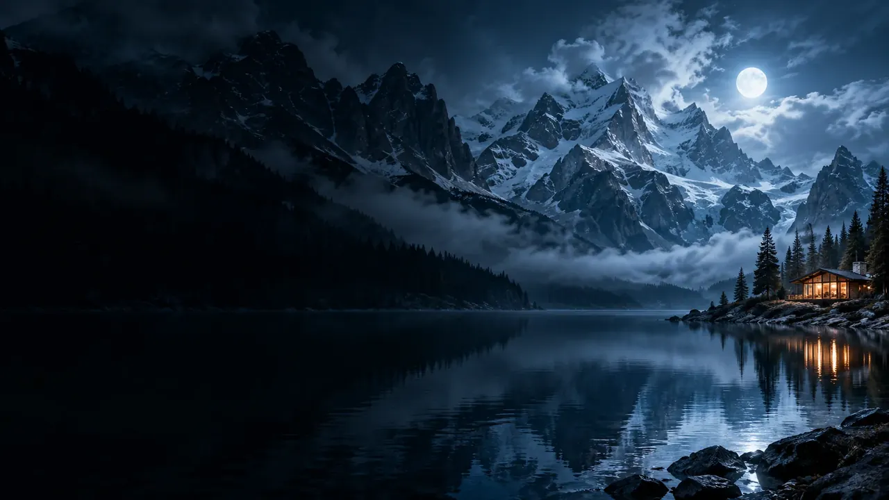 A cinematic mountain lake beneath a glowing moon
