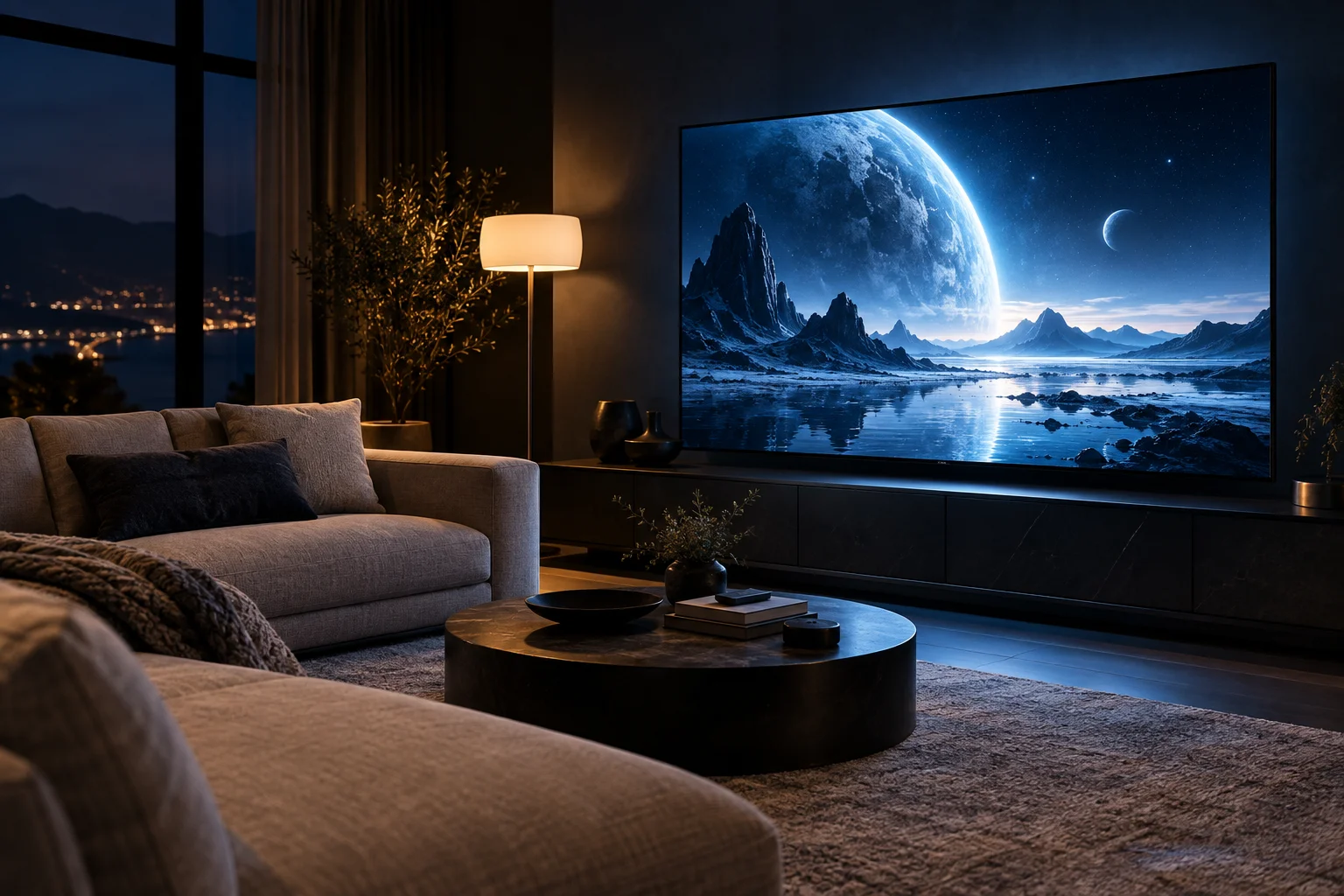 A modern living room with a large television displaying a blue planet