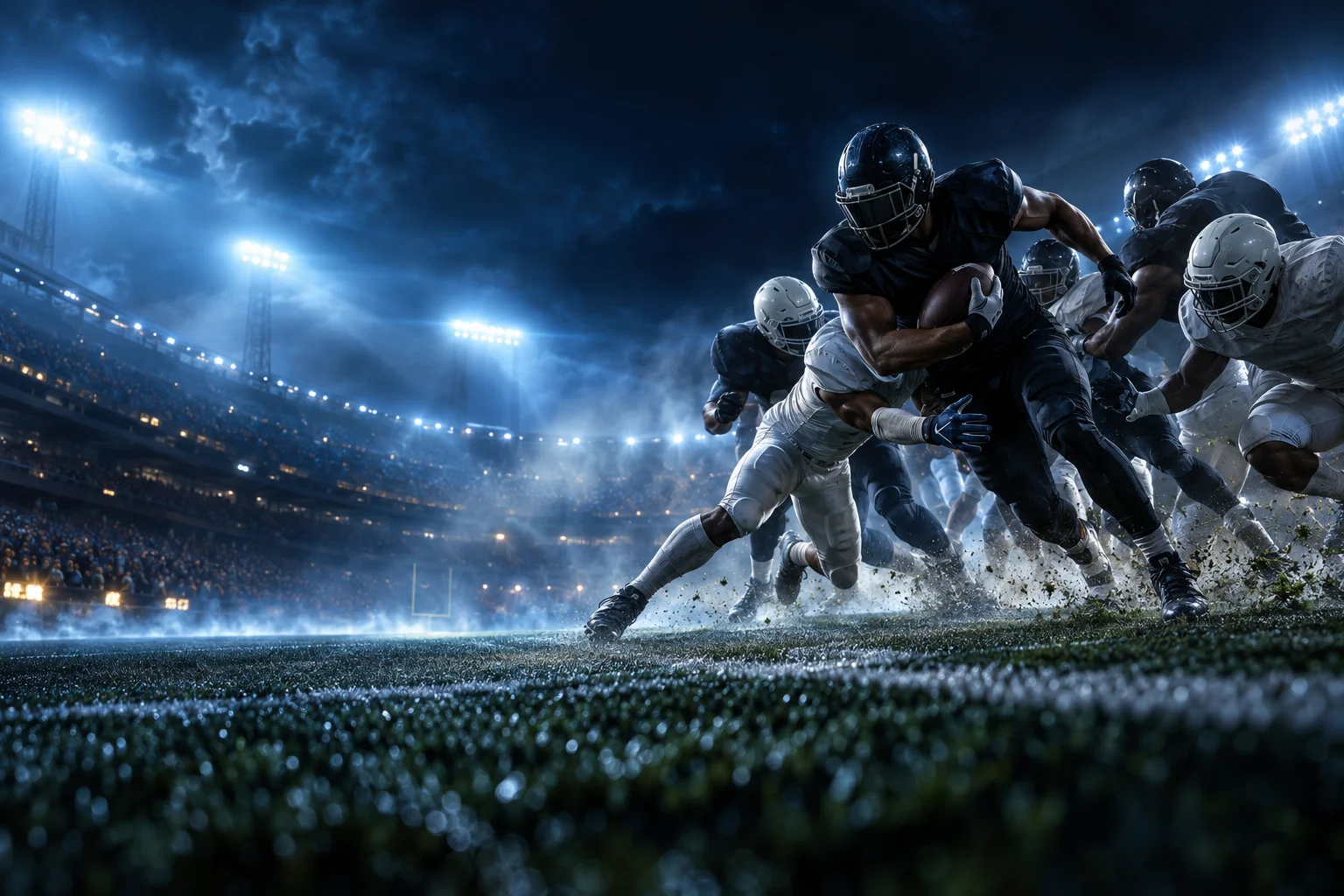 American football stadium lit up for an evening game