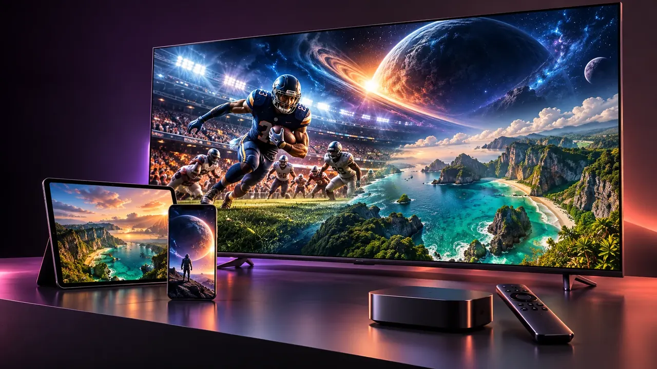 IPTV Encoder TV setup with a smart television, streaming box, tablet, and phone